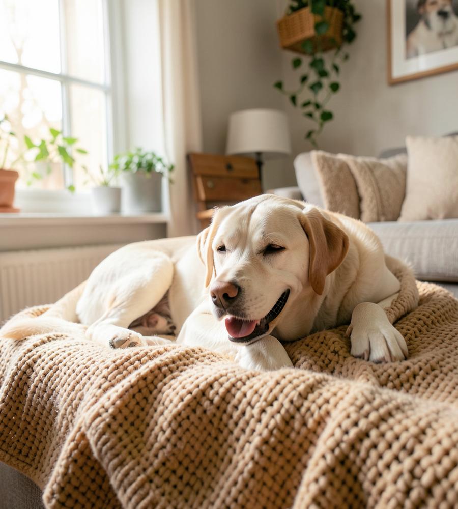 A senior labrador resting on a knitted blanket in a sunlit living room